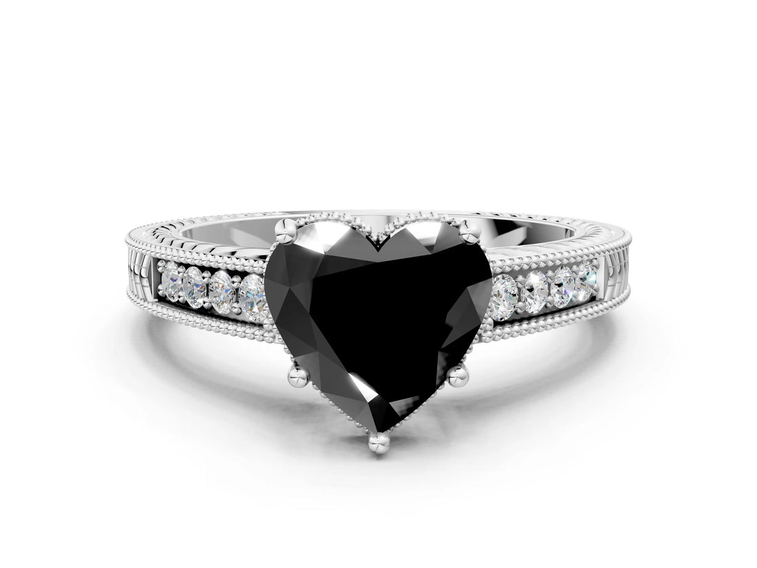 White gold Fancy Black Heart Cut Diamond Engagement Ring with Milgrain Channel Set Band and Prong Setting