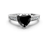 White gold Fancy Black Heart Cut Diamond Engagement Ring with Milgrain Channel Set Band and Prong Setting