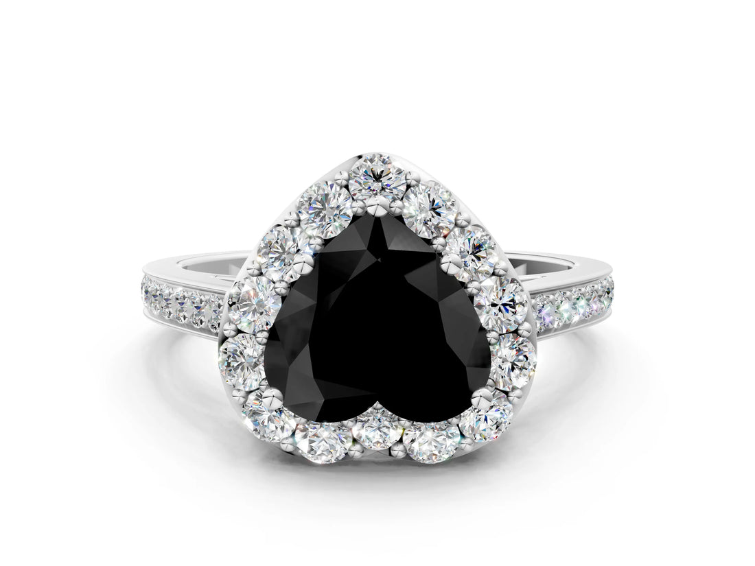 White gold Fancy Black Heart Cut Diamond Floral Halo Ring with Pavé Band and Prong Setting_7