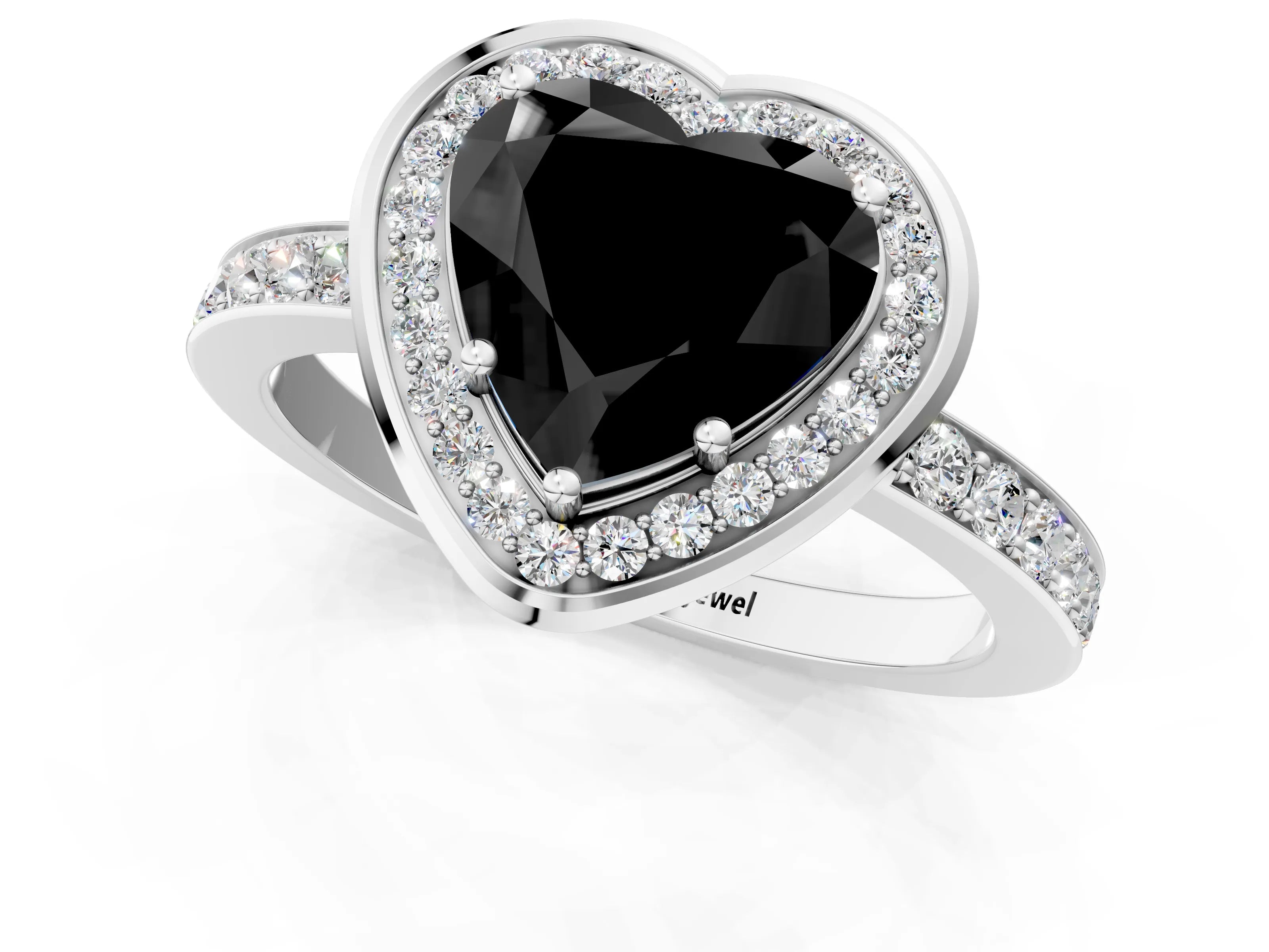 White gold Fancy Black Heart Cut Diamond Halo Ring with Bezel Frame and Pavé Band_1