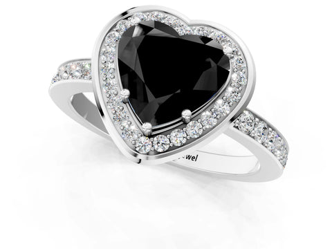 White gold Fancy Black Heart Cut Diamond Halo Ring with Bezel Frame and Pavé Band_1