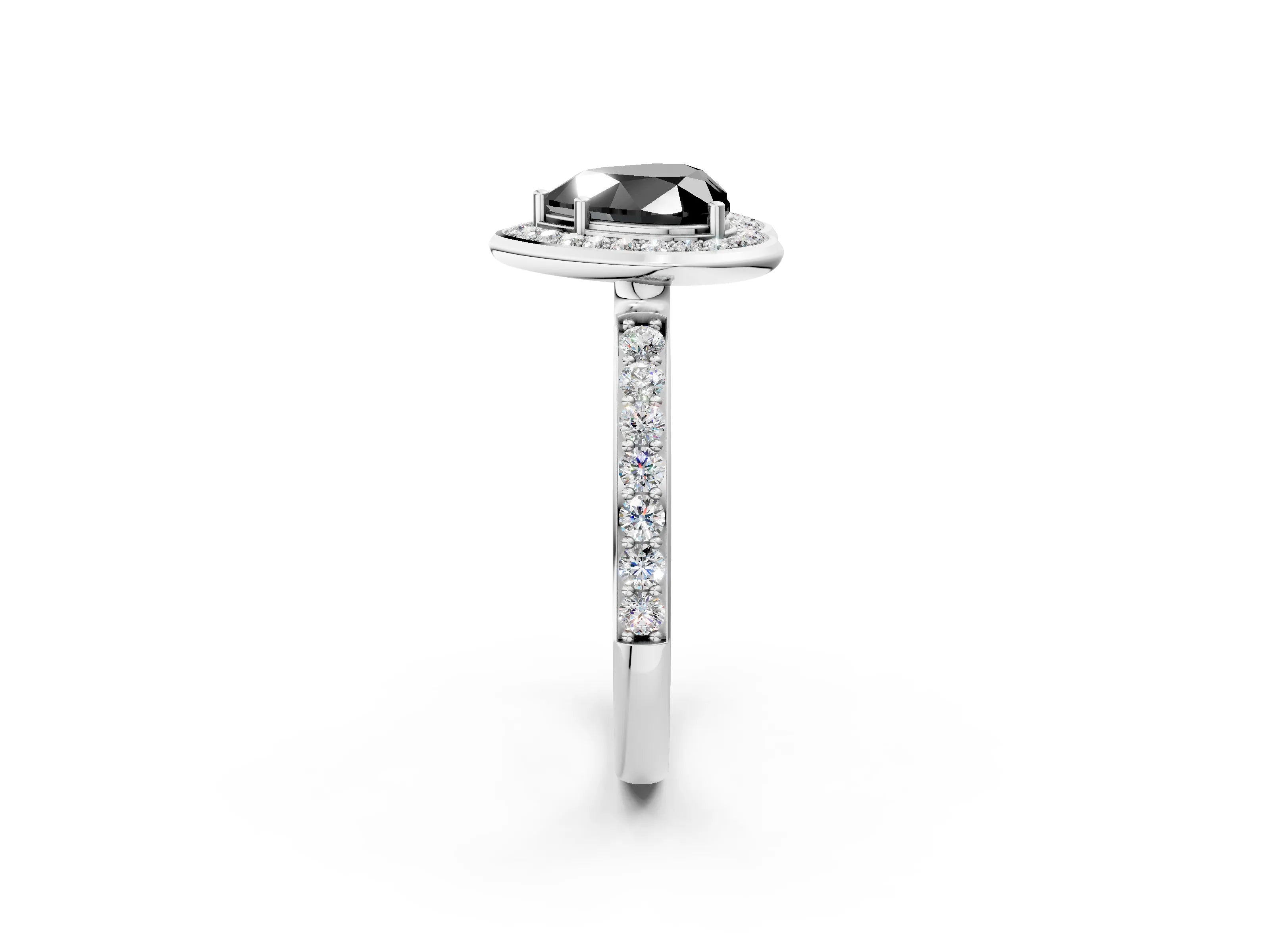 White gold Fancy Black Heart Cut Diamond Halo Ring with Bezel Frame and Pavé Band_2