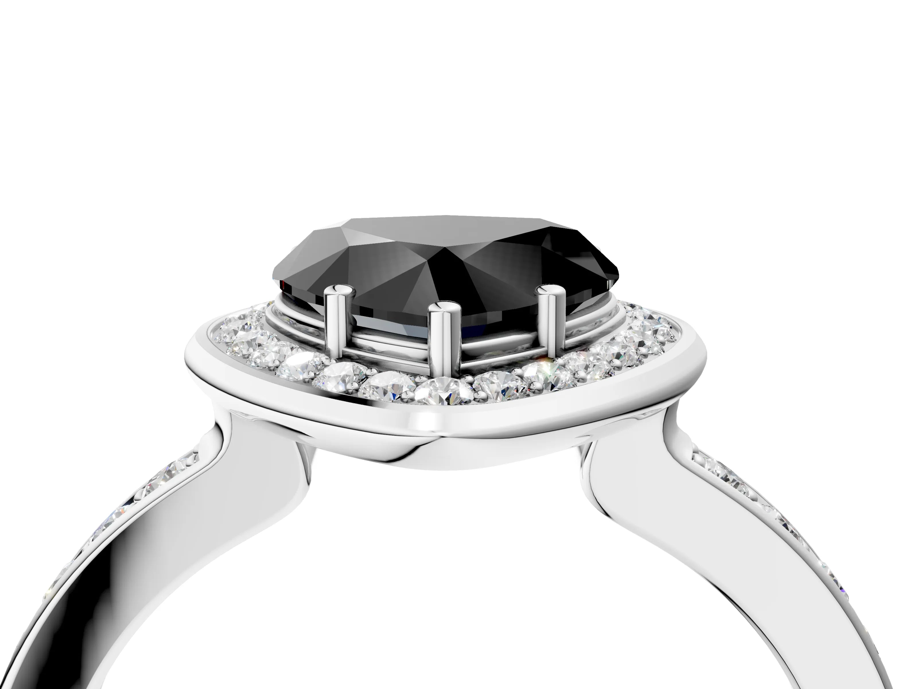 White gold Fancy Black Heart Cut Diamond Halo Ring with Bezel Frame and Pavé Band_4