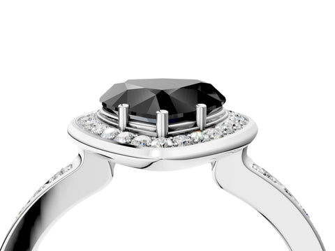 White gold Fancy Black Heart Cut Diamond Halo Ring with Bezel Frame and Pavé Band_4
