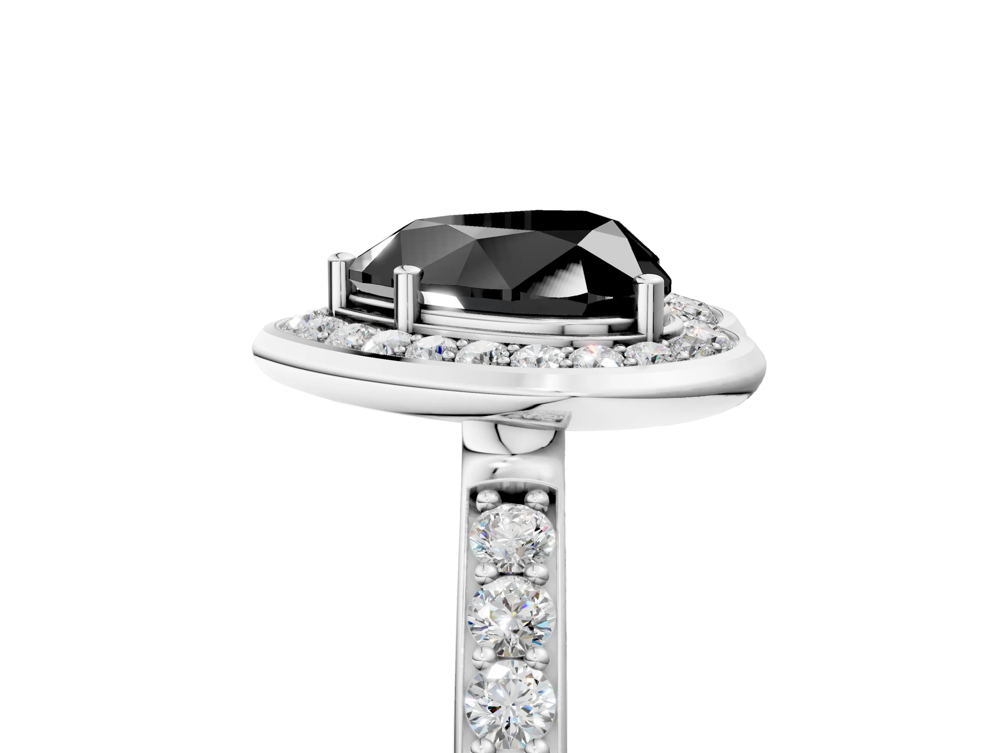 White gold Fancy Black Heart Cut Diamond Halo Ring with Bezel Frame and Pavé Band_5