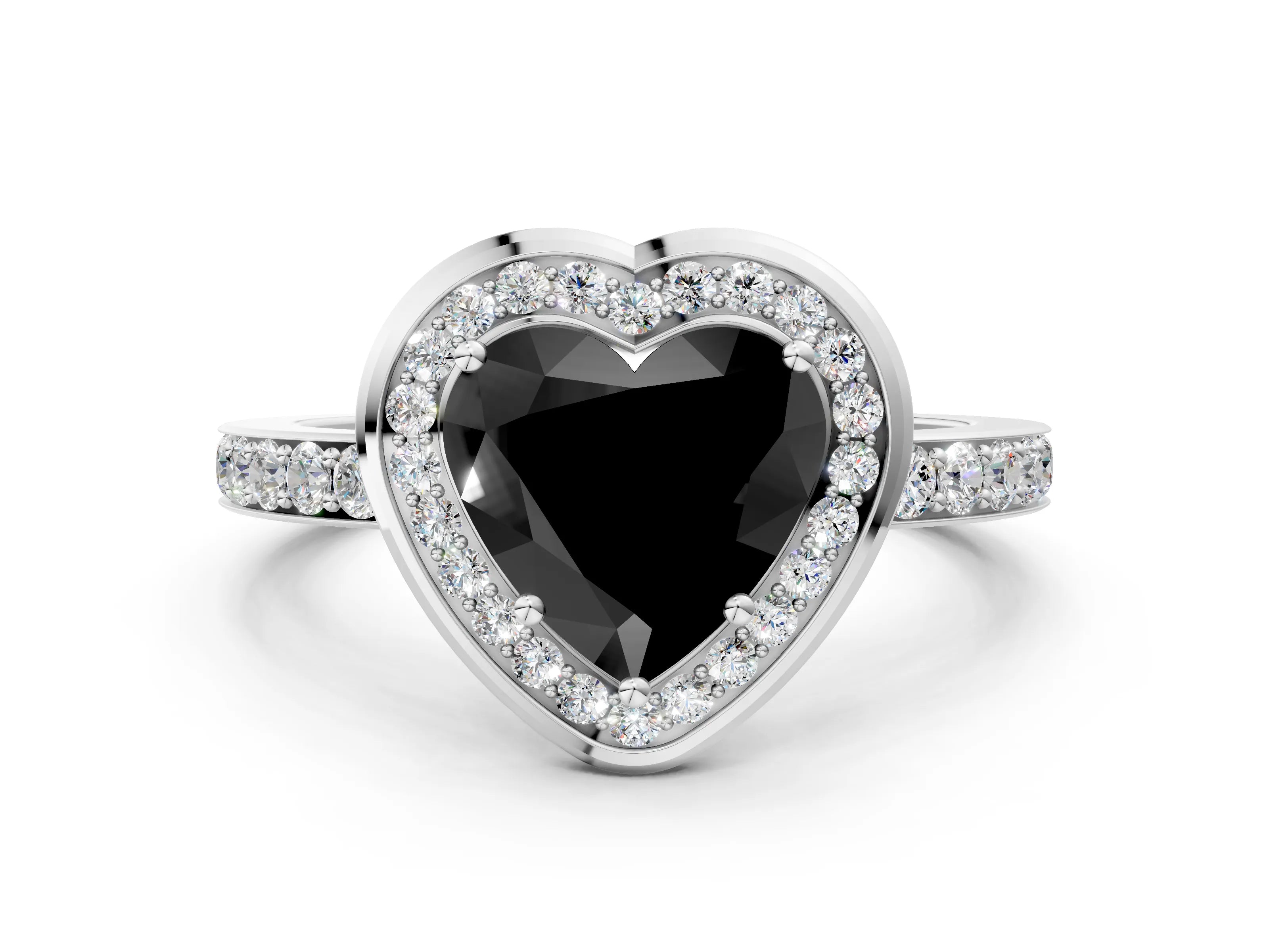 White gold Fancy Black Heart Cut Diamond Halo Ring with Bezel Frame and Pavé Band