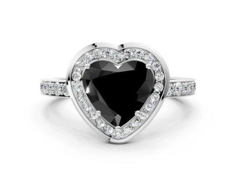 White gold Fancy Black Heart Cut Diamond Halo Ring with Bezel Frame and Pavé Band