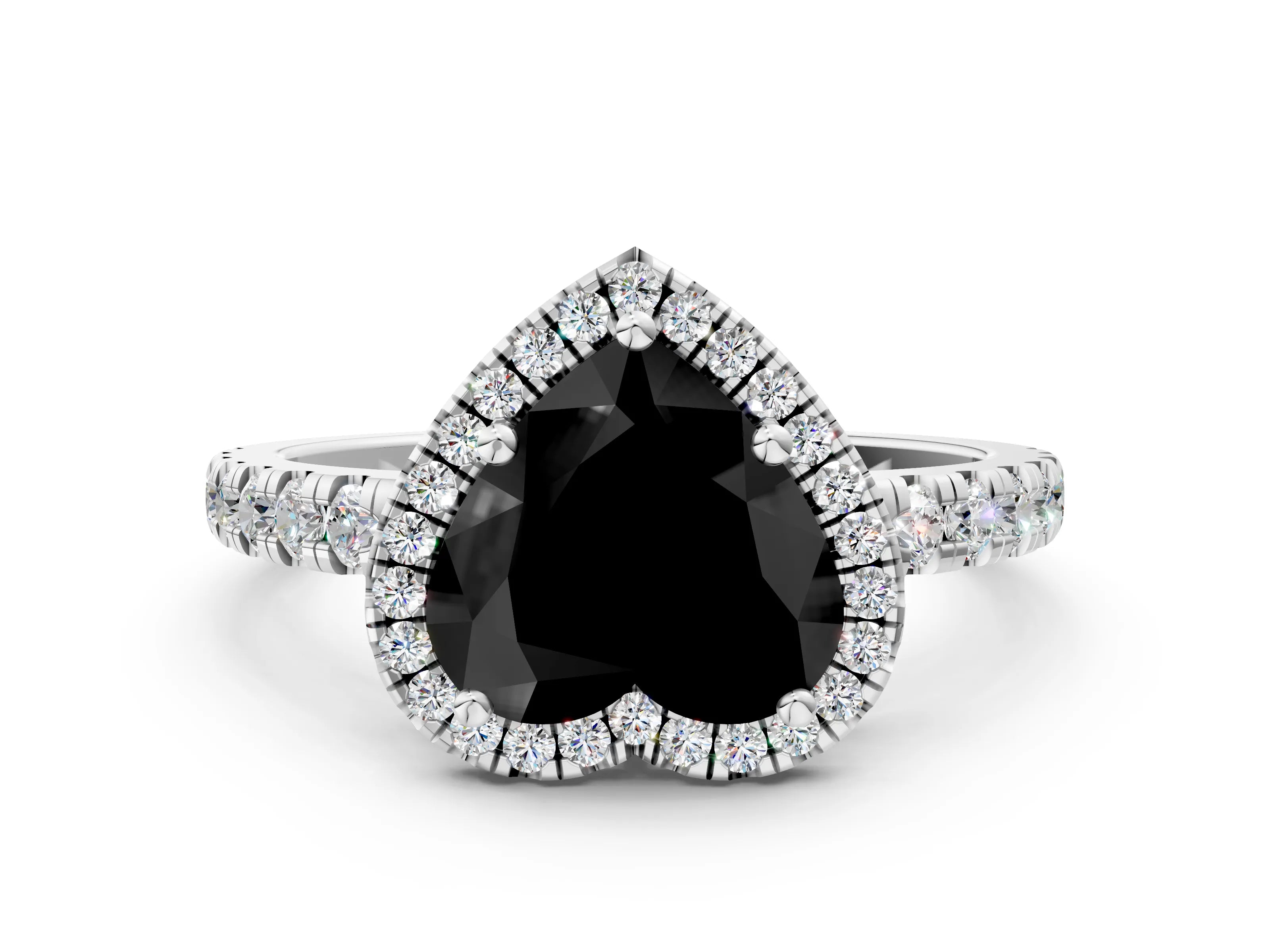 White gold Fancy Black Heart Cut Diamond Halo Ring with Pavé Band and Four-Prong Setting_12