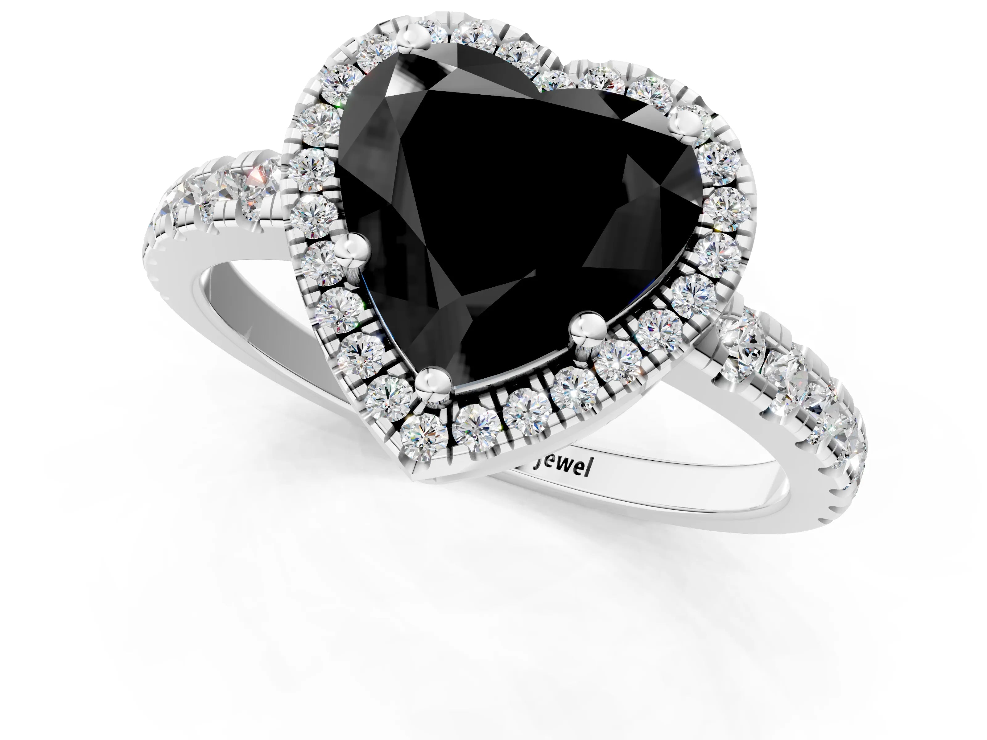White gold Fancy Black Heart Cut Diamond Halo Ring with Pavé Band and Four-Prong Setting_13