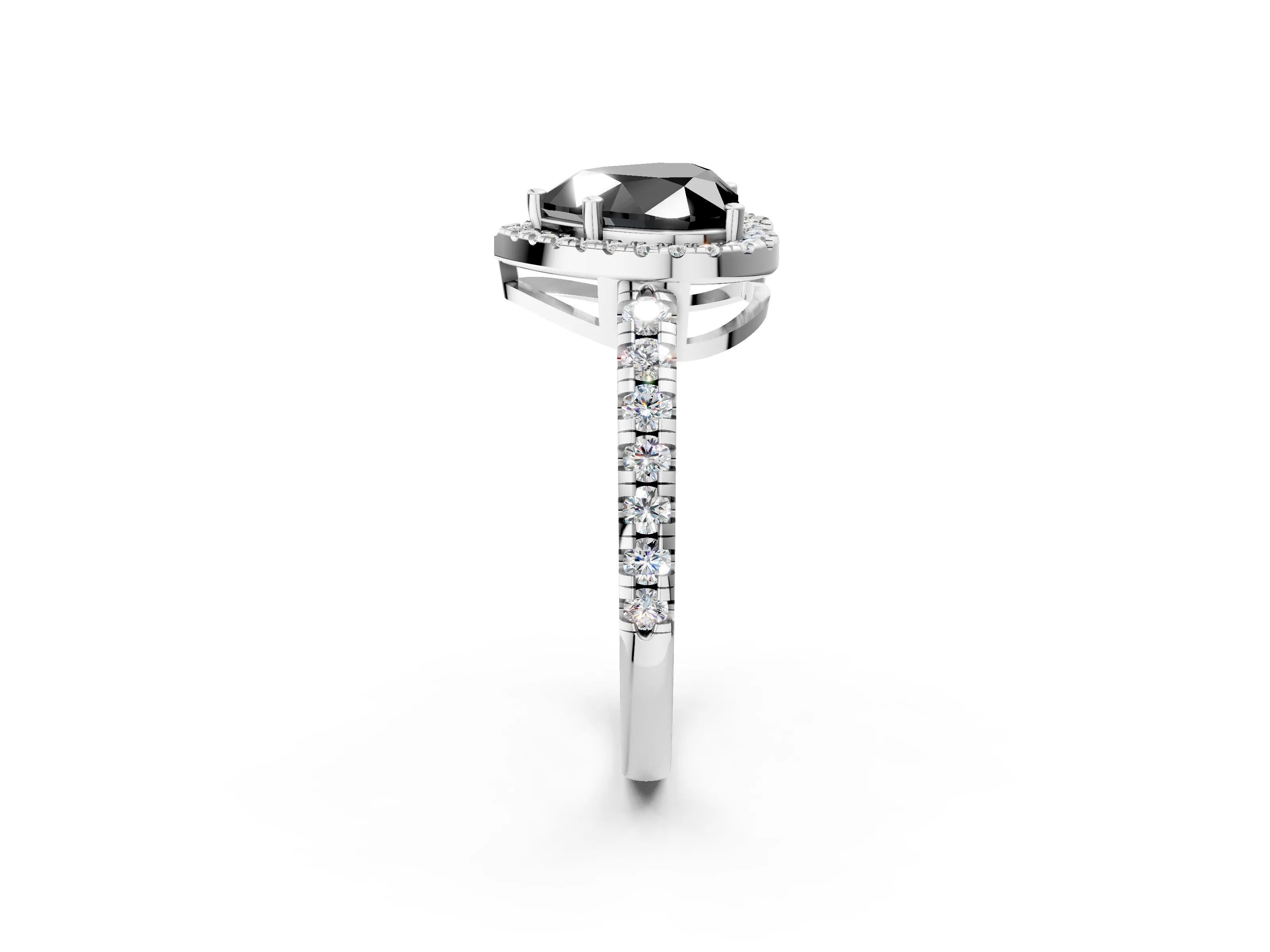 White gold Fancy Black Heart Cut Diamond Halo Ring with Pavé Band and Four-Prong Setting_14