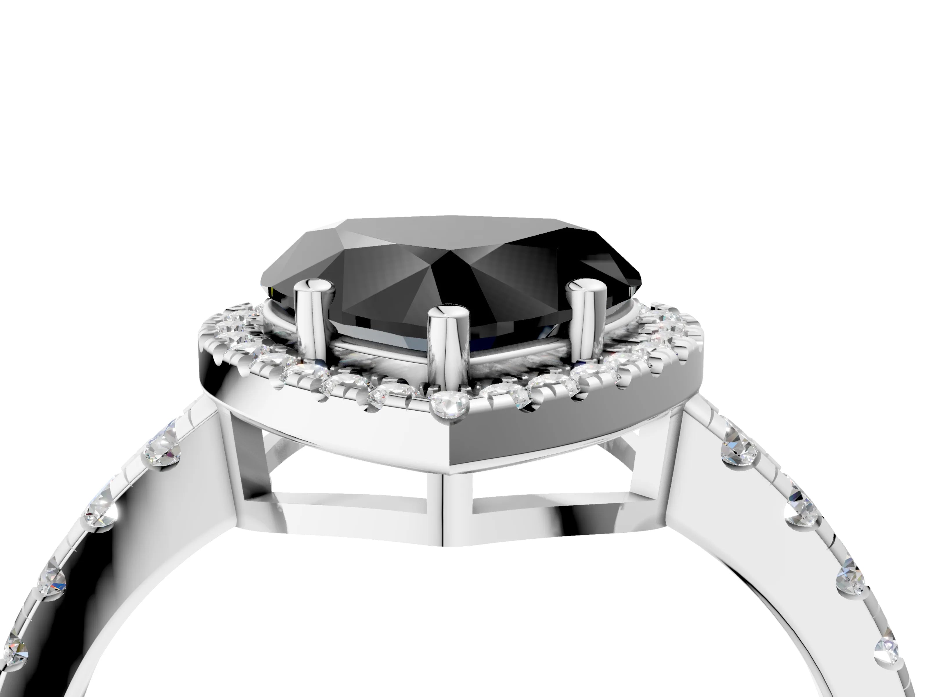 White gold Fancy Black Heart Cut Diamond Halo Ring with Pavé Band and Four-Prong Setting_16