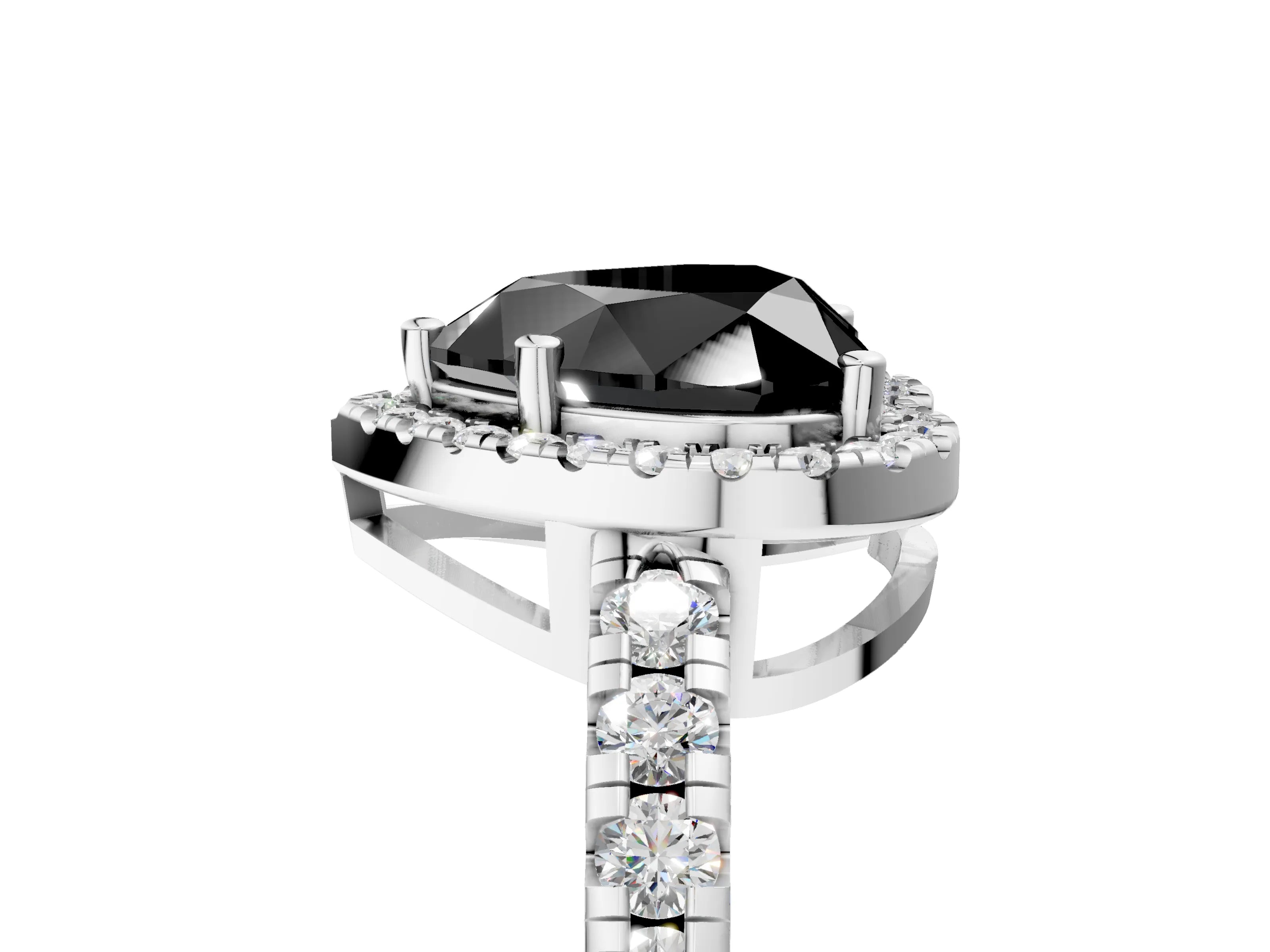 White gold Fancy Black Heart Cut Diamond Halo Ring with Pavé Band and Four-Prong Setting_17