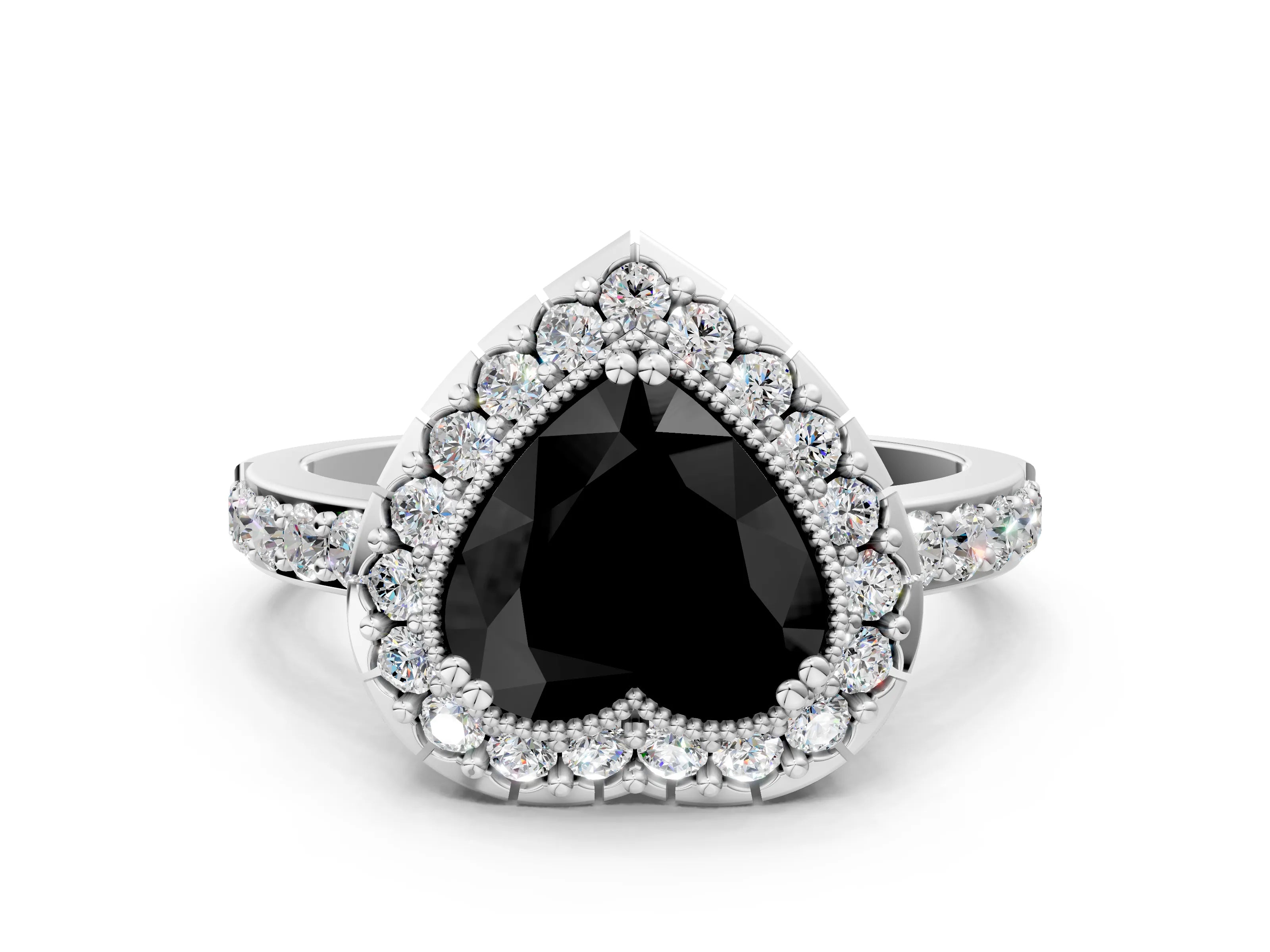 White gold Fancy Black Heart Cut Diamond Halo Ring with Pavé Band and Prong Setting_12