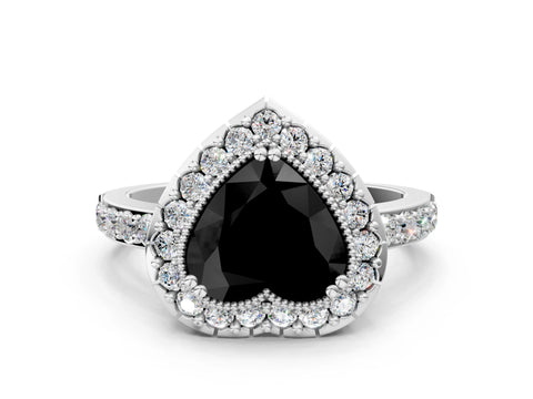 White gold Fancy Black Heart Cut Diamond Halo Ring with Pavé Band and Prong Setting_12