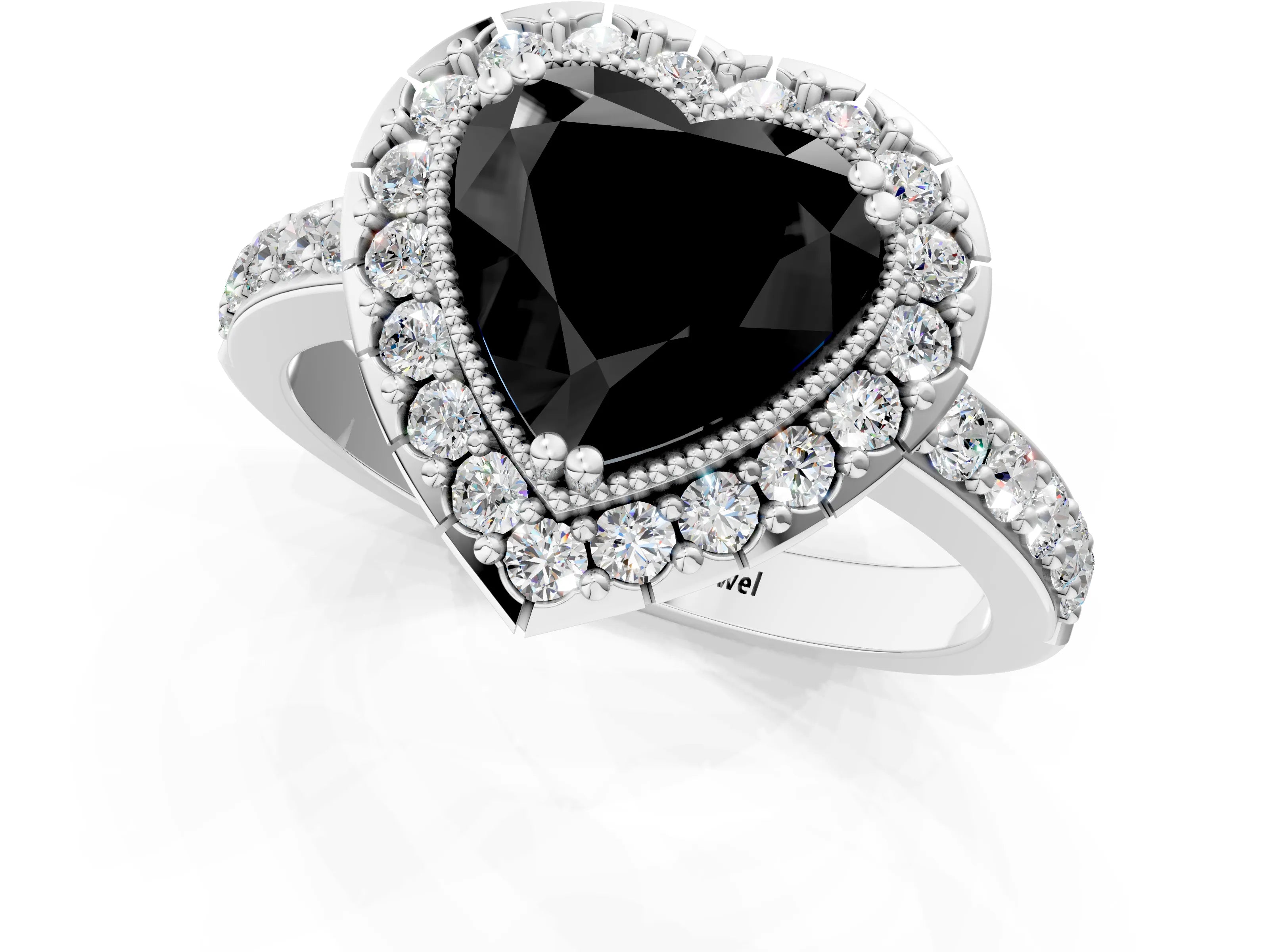 White gold Fancy Black Heart Cut Diamond Halo Ring with Pavé Band and Prong Setting_13
