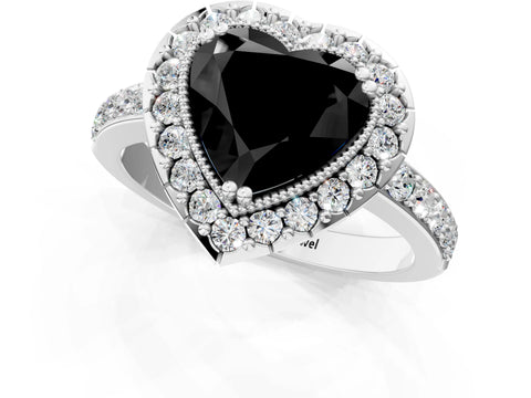 White gold Fancy Black Heart Cut Diamond Halo Ring with Pavé Band and Prong Setting_13