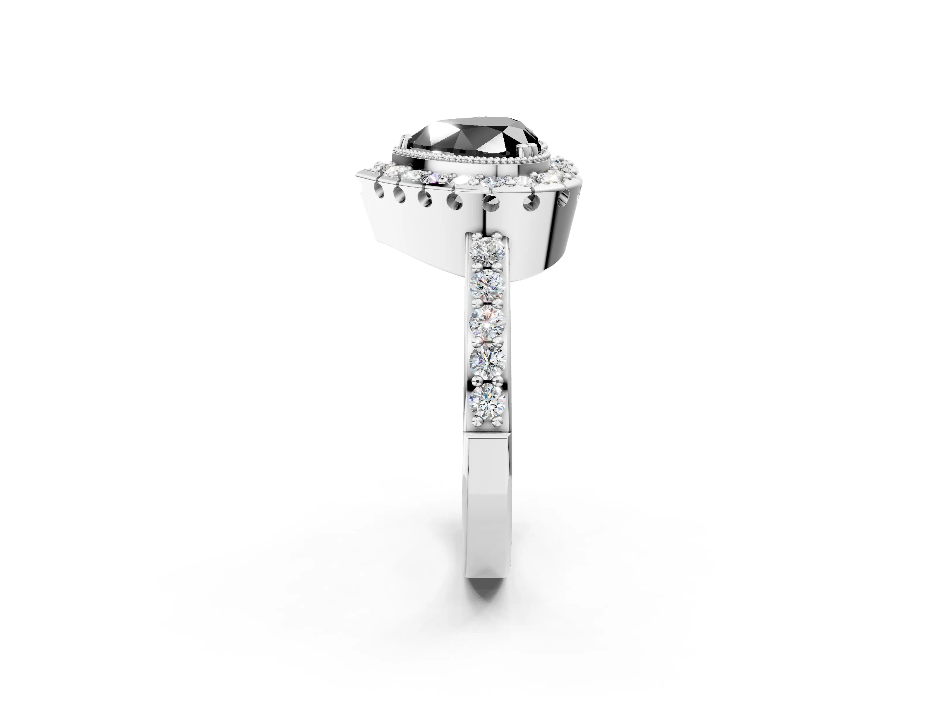 White gold Fancy Black Heart Cut Diamond Halo Ring with Pavé Band and Prong Setting_14