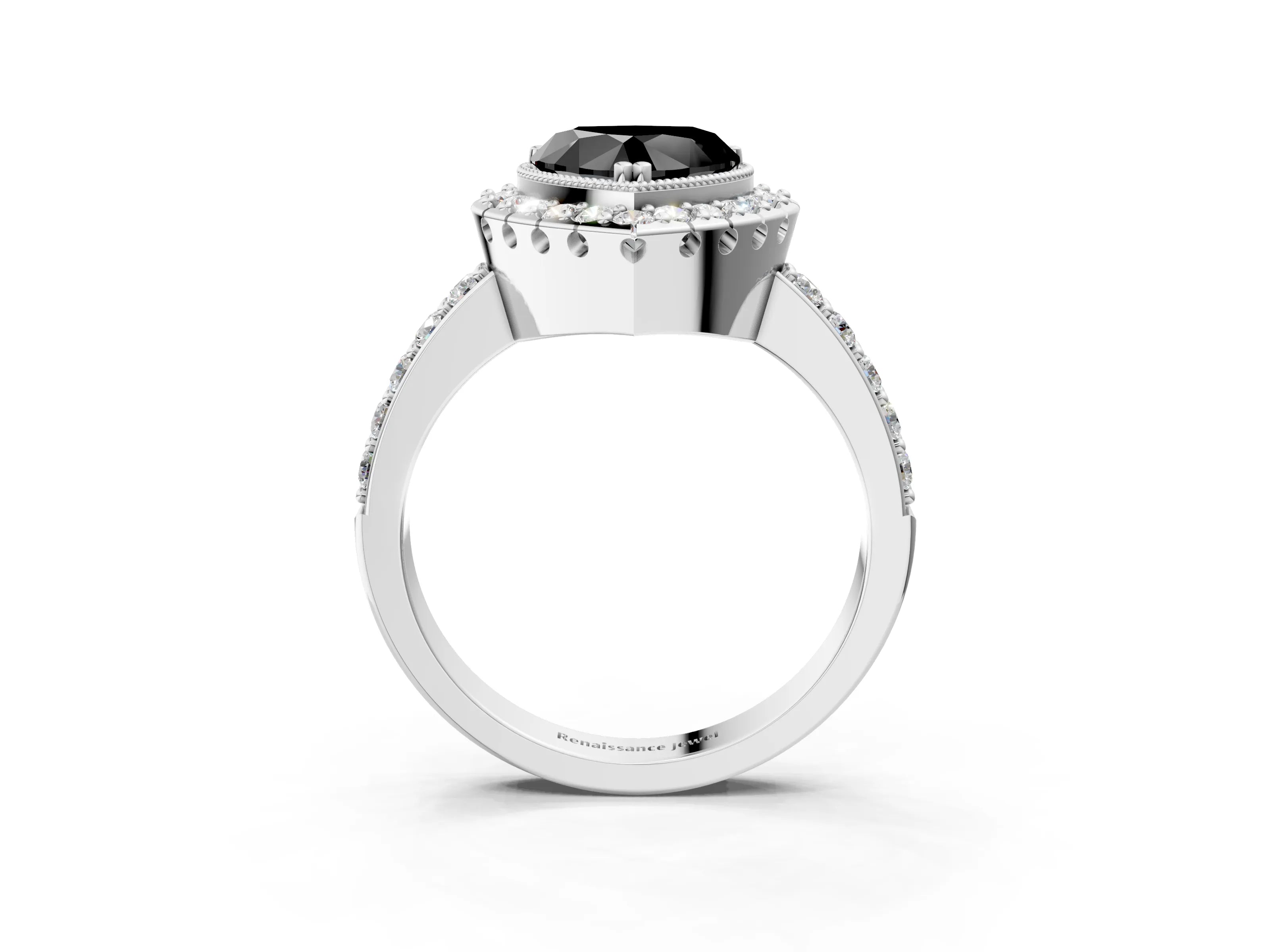 White gold Fancy Black Heart Cut Diamond Halo Ring with Pavé Band and Prong Setting_15