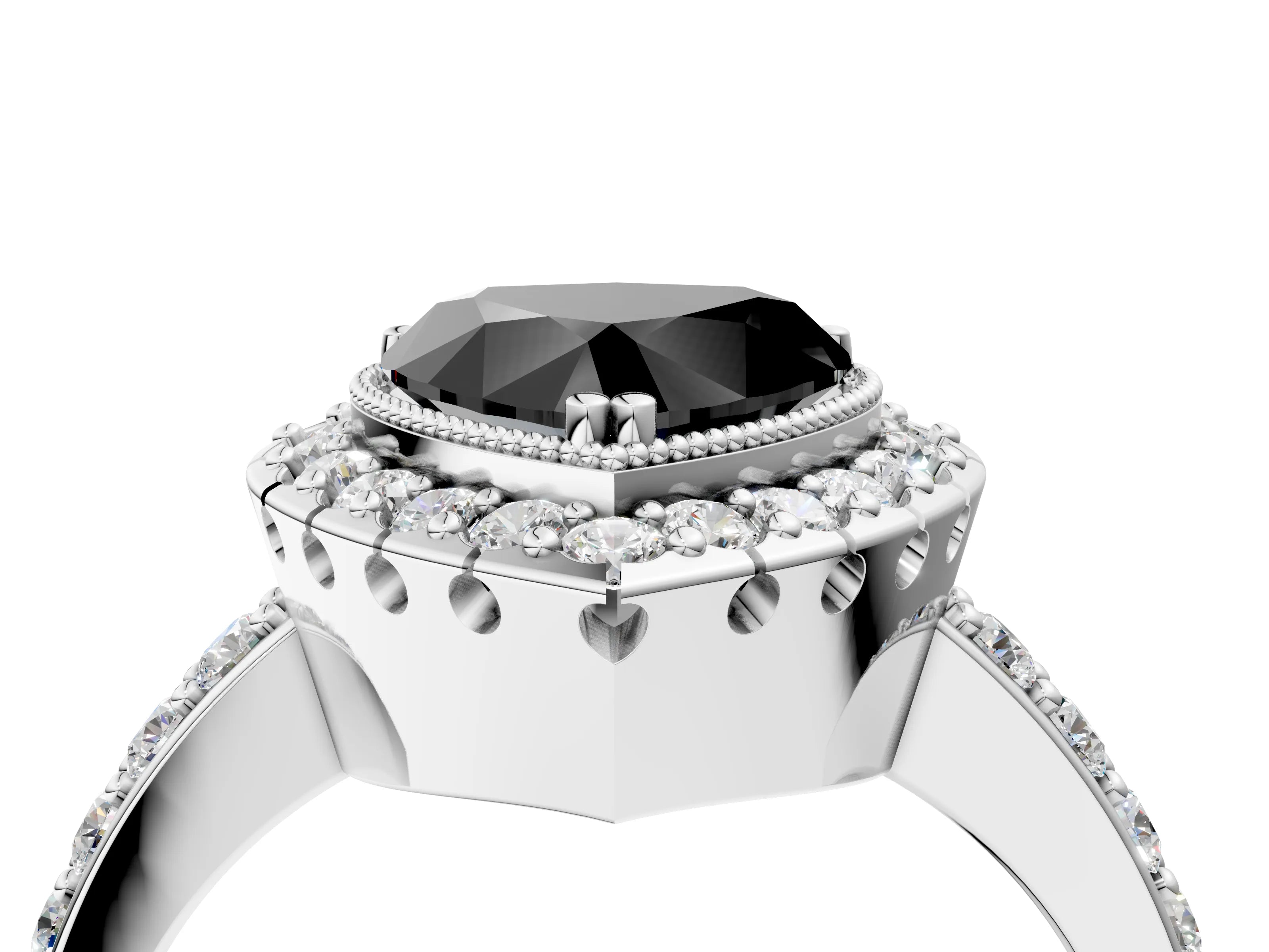 White gold Fancy Black Heart Cut Diamond Halo Ring with Pavé Band and Prong Setting_16