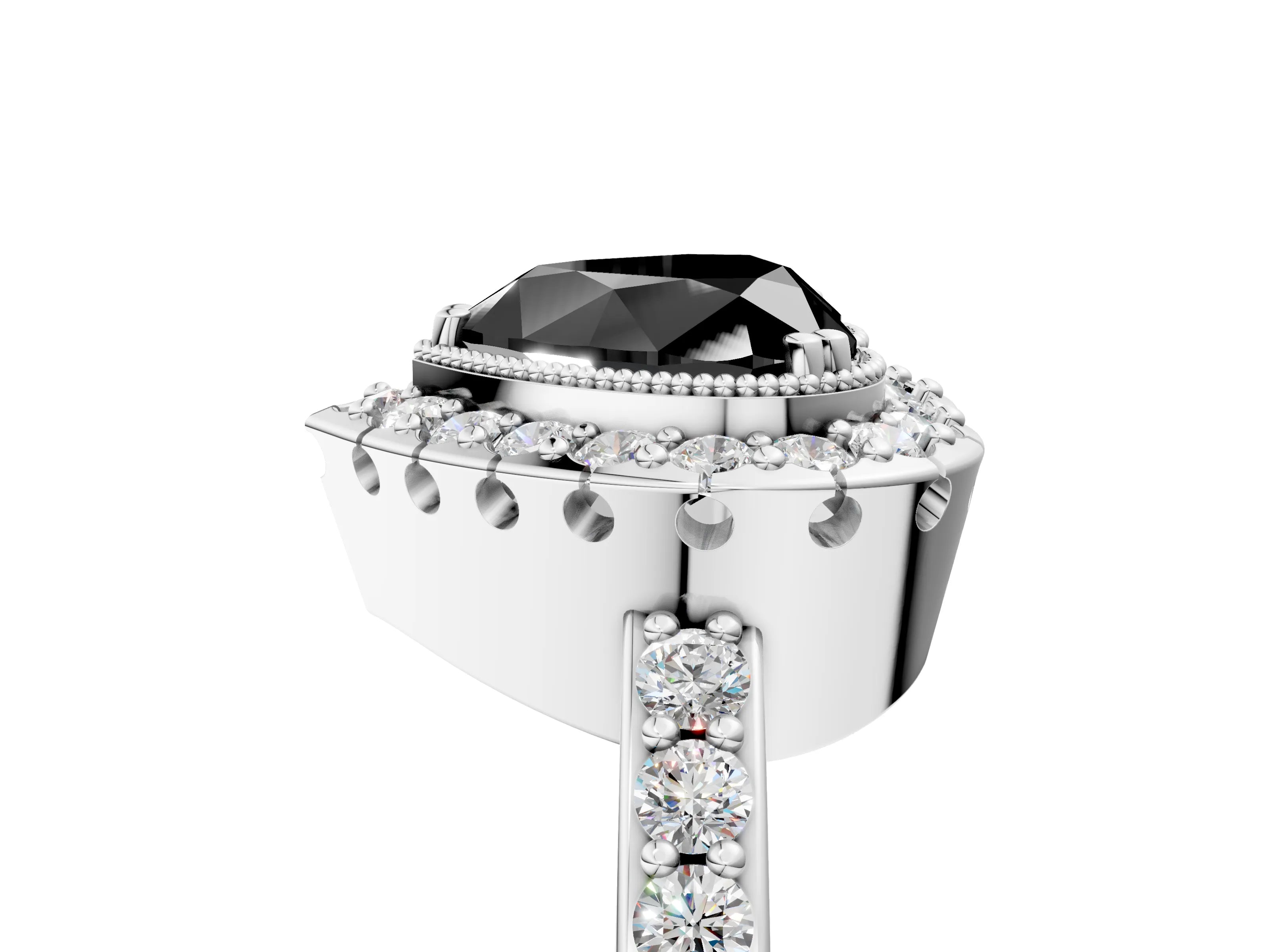 White gold Fancy Black Heart Cut Diamond Halo Ring with Pavé Band and Prong Setting_17