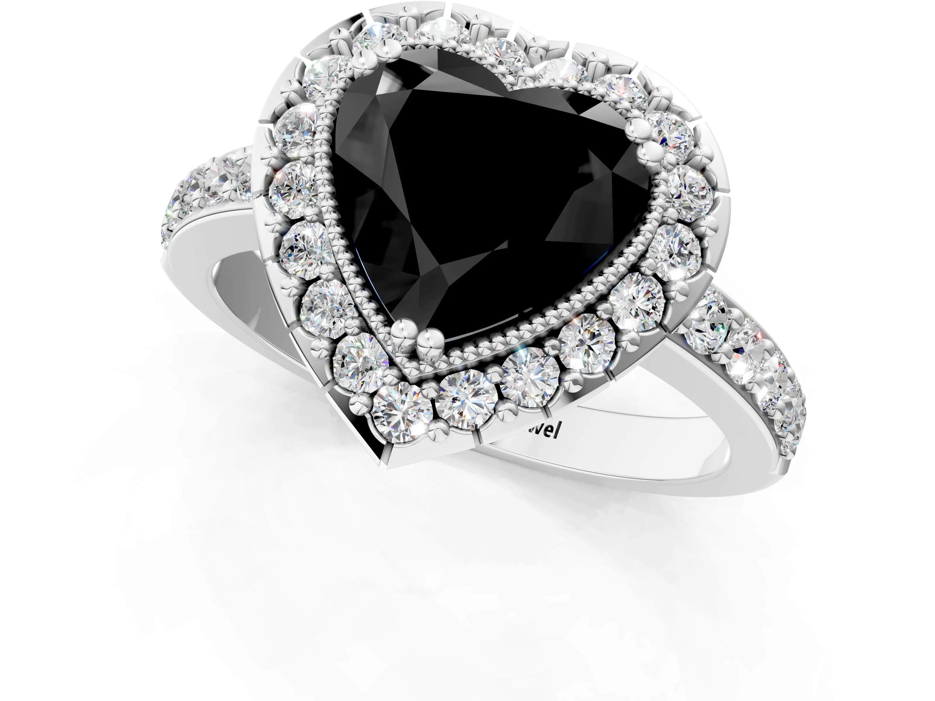White gold Fancy Black Heart Cut Diamond Halo Ring with Pavé Band and Prong Setting_1