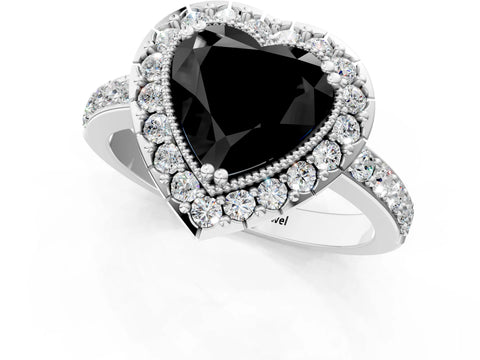 White gold Fancy Black Heart Cut Diamond Halo Ring with Pavé Band and Prong Setting_1