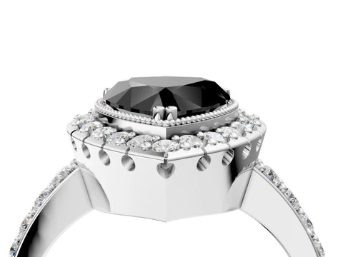 White gold Fancy Black Heart Cut Diamond Halo Ring with Pavé Band and Prong Setting_4