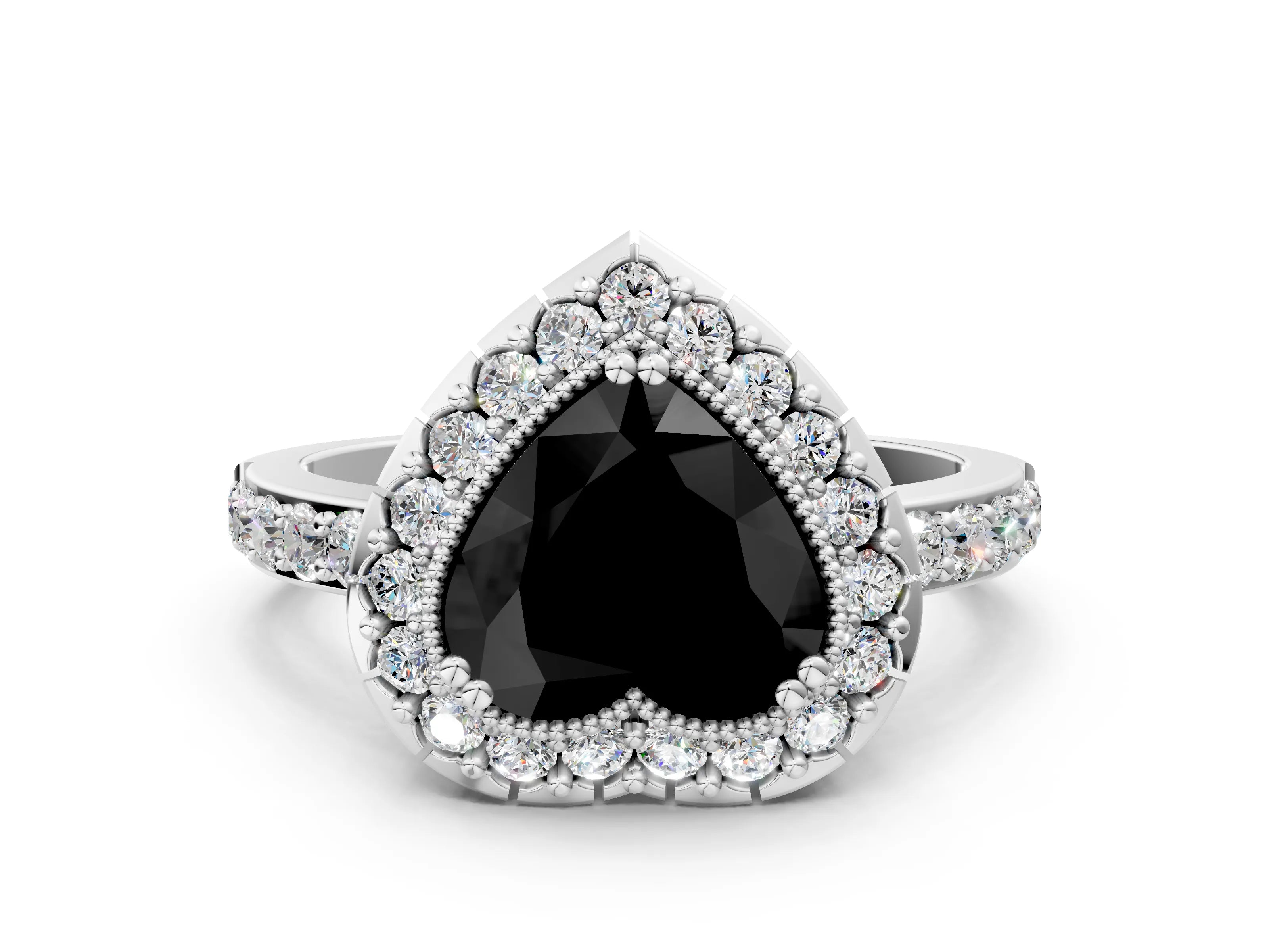 White gold Fancy Black Heart Cut Diamond Halo Ring with Pavé Band and Prong Setting
