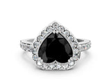 White gold Fancy Black Heart Cut Diamond Halo Ring with Pavé Band and Prong Setting