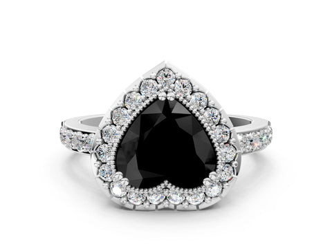 White gold Fancy Black Heart Cut Diamond Halo Ring with Pavé Band and Prong Setting