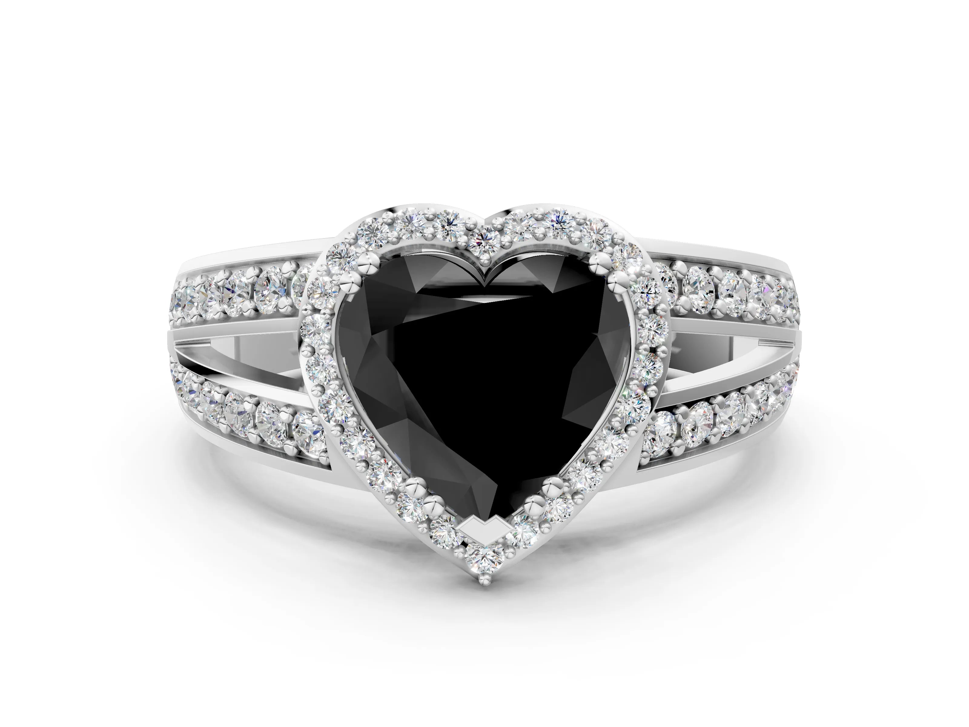 White gold Fancy Black Heart Cut Diamond Halo Ring with Split Shank Pavé Band and Four-Prong Setting_12