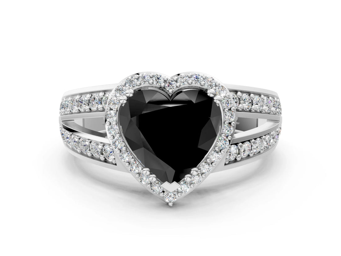 White gold Fancy Black Heart Cut Diamond Halo Ring with Split Shank Pavé Band and Four-Prong Setting_12