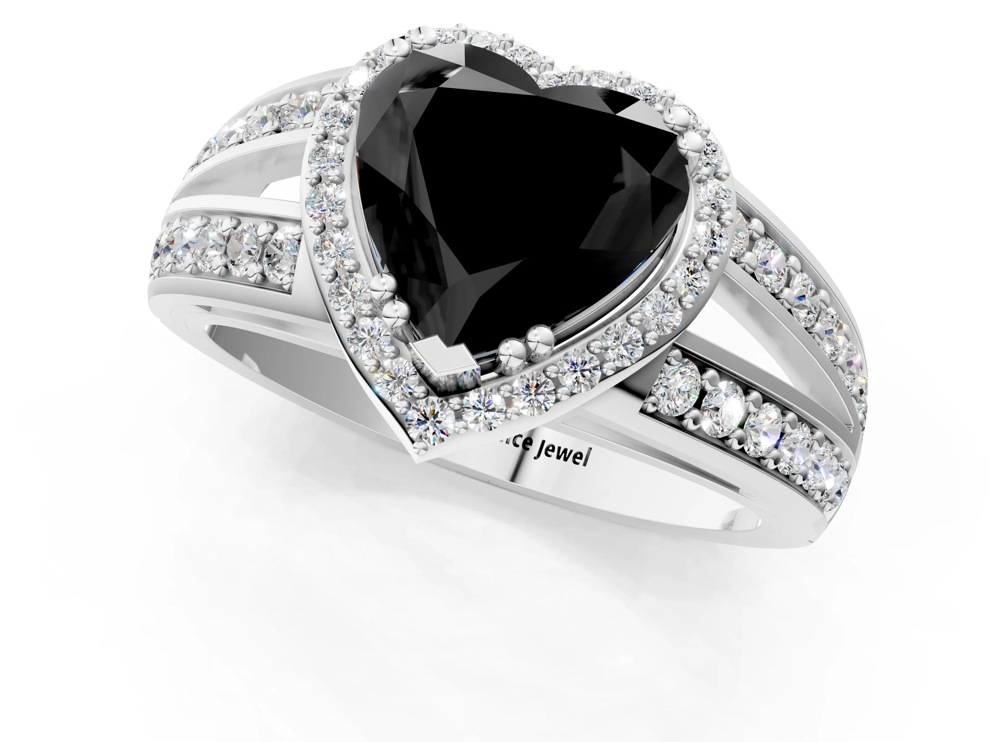 White gold Fancy Black Heart Cut Diamond Halo Ring with Split Shank Pavé Band and Four-Prong Setting_13