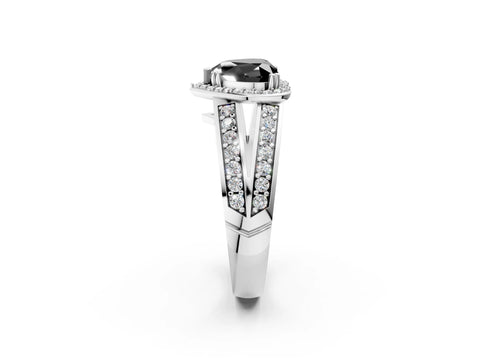 White gold Fancy Black Heart Cut Diamond Halo Ring with Split Shank Pavé Band and Four-Prong Setting_14