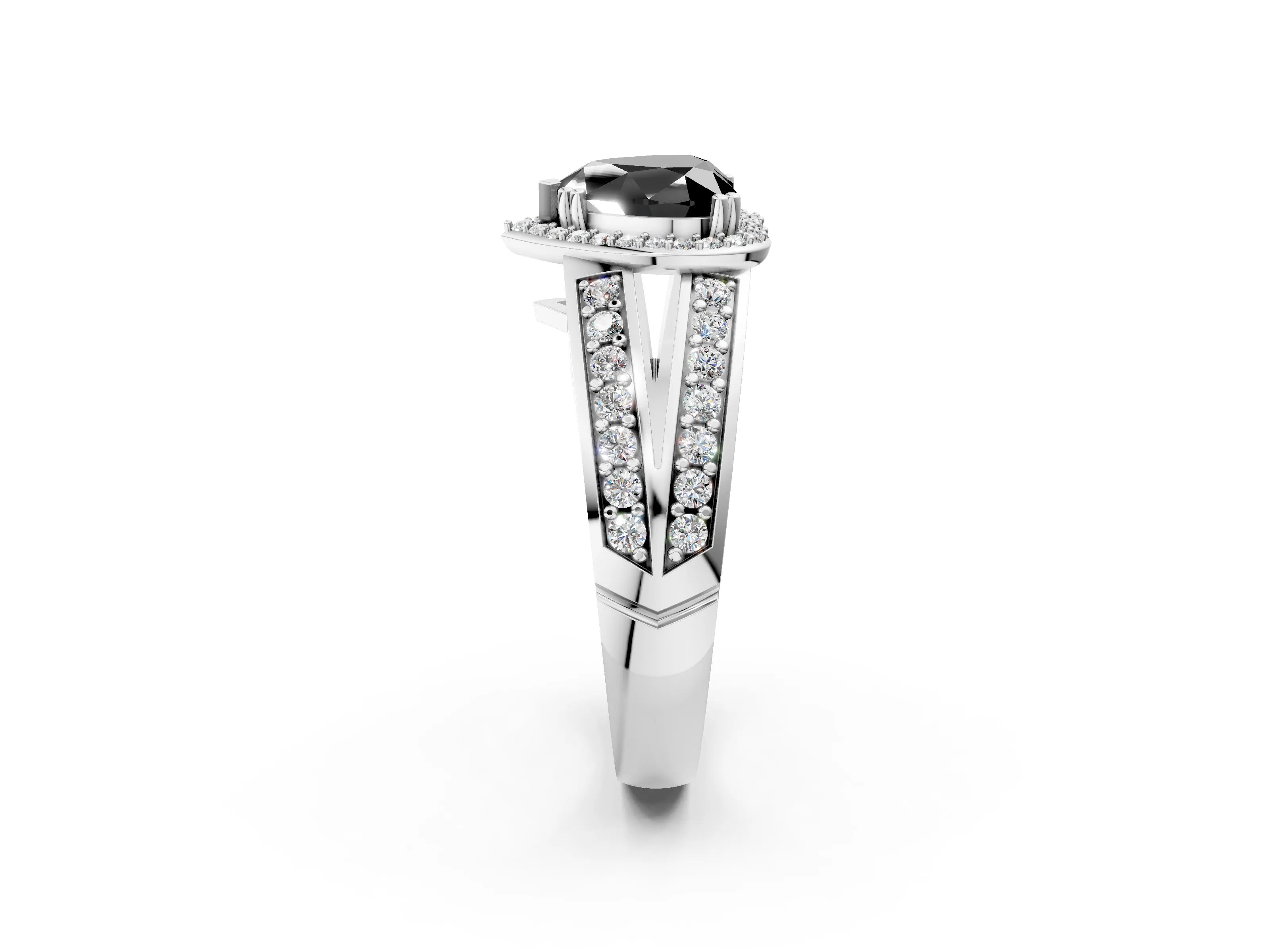 White gold Fancy Black Heart Cut Diamond Halo Ring with Split Shank Pavé Band and Four-Prong Setting_14