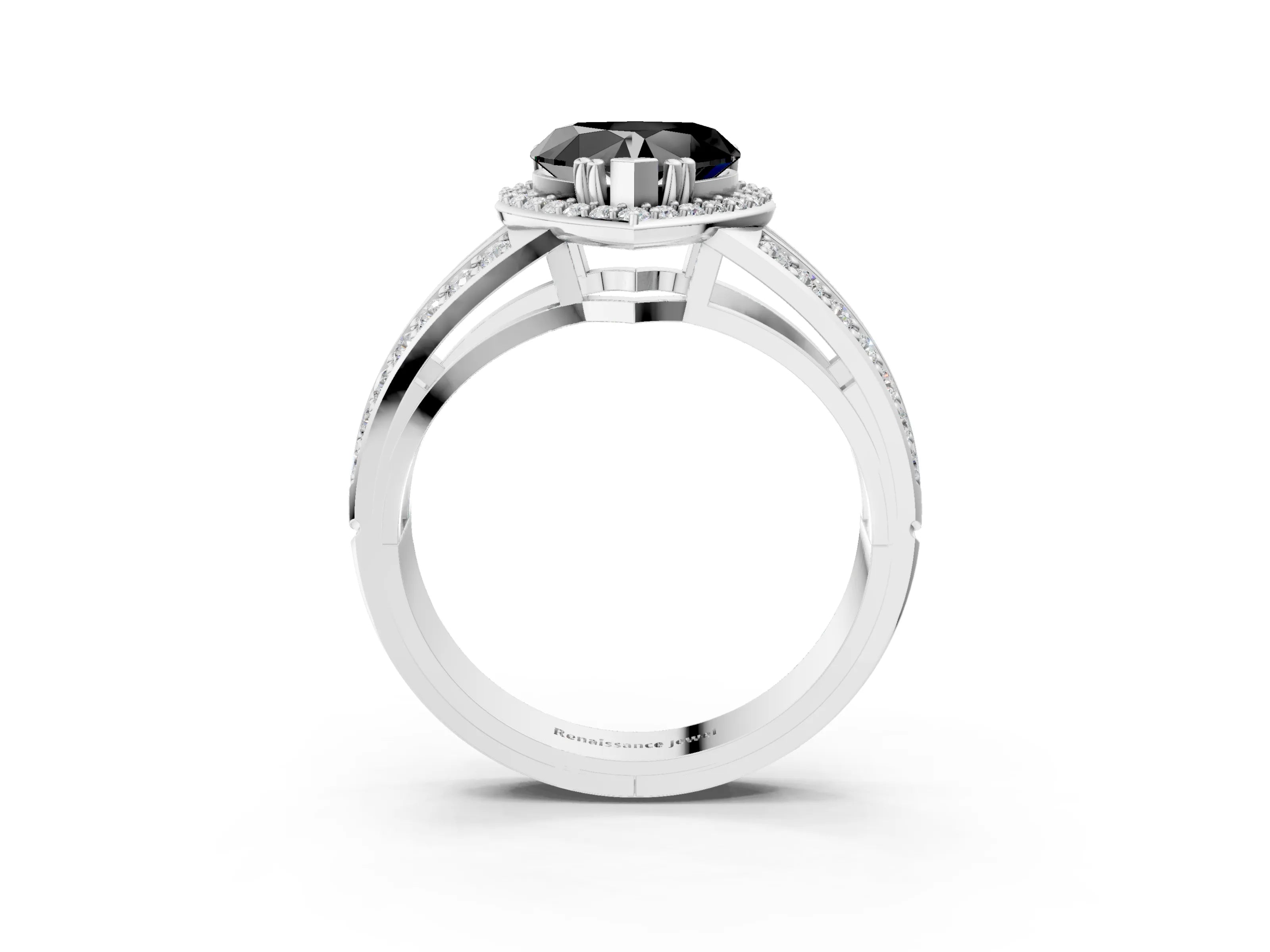 White gold Fancy Black Heart Cut Diamond Halo Ring with Split Shank Pavé Band and Four-Prong Setting_15