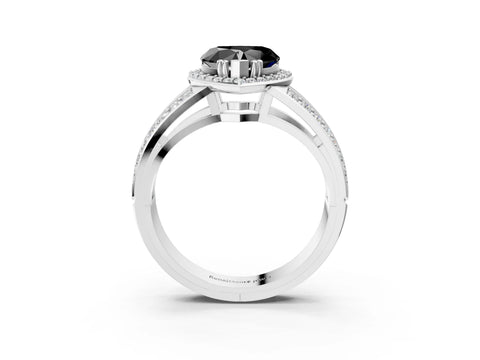 White gold Fancy Black Heart Cut Diamond Halo Ring with Split Shank Pavé Band and Four-Prong Setting_15
