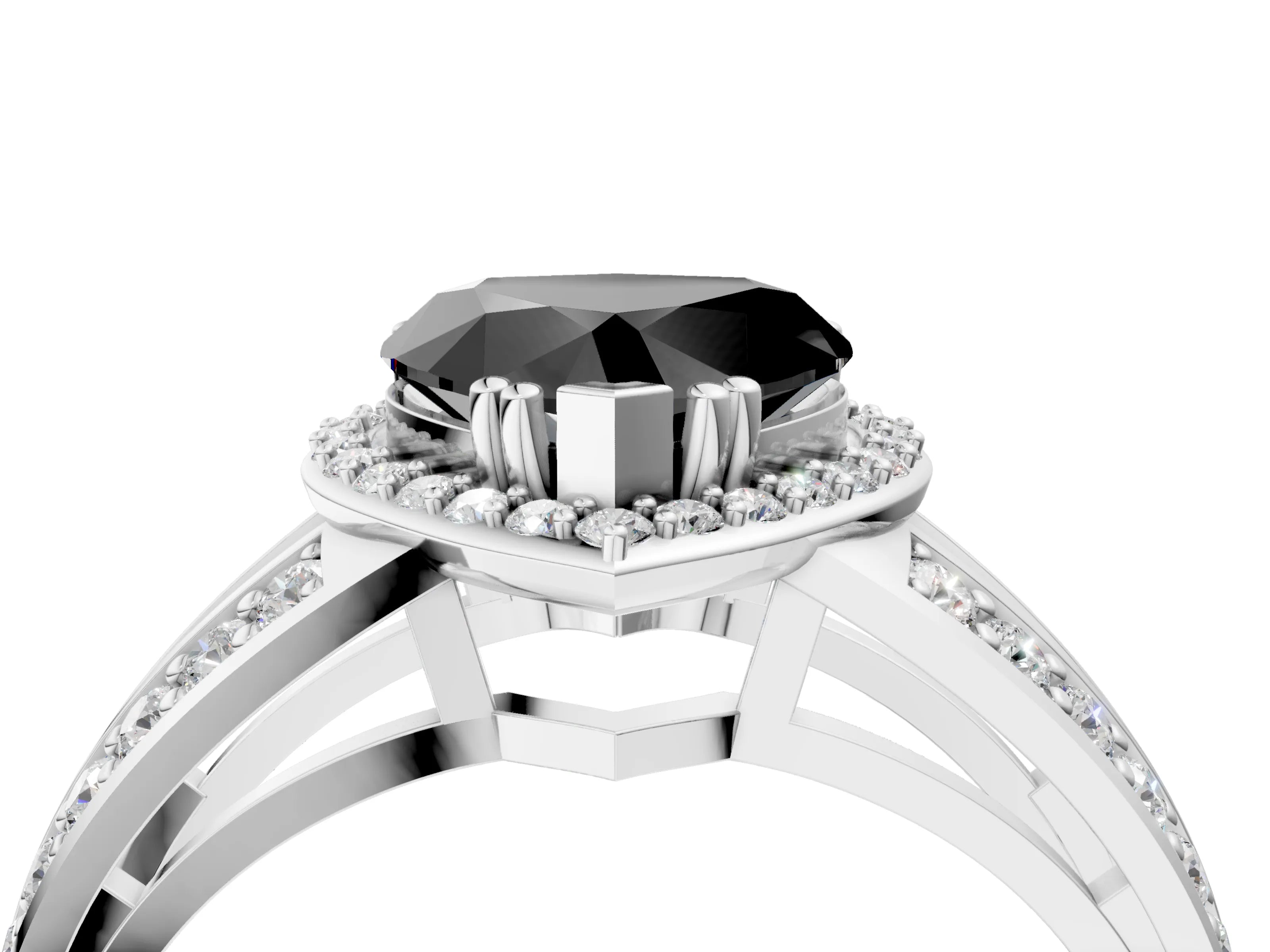 White gold Fancy Black Heart Cut Diamond Halo Ring with Split Shank Pavé Band and Four-Prong Setting_16