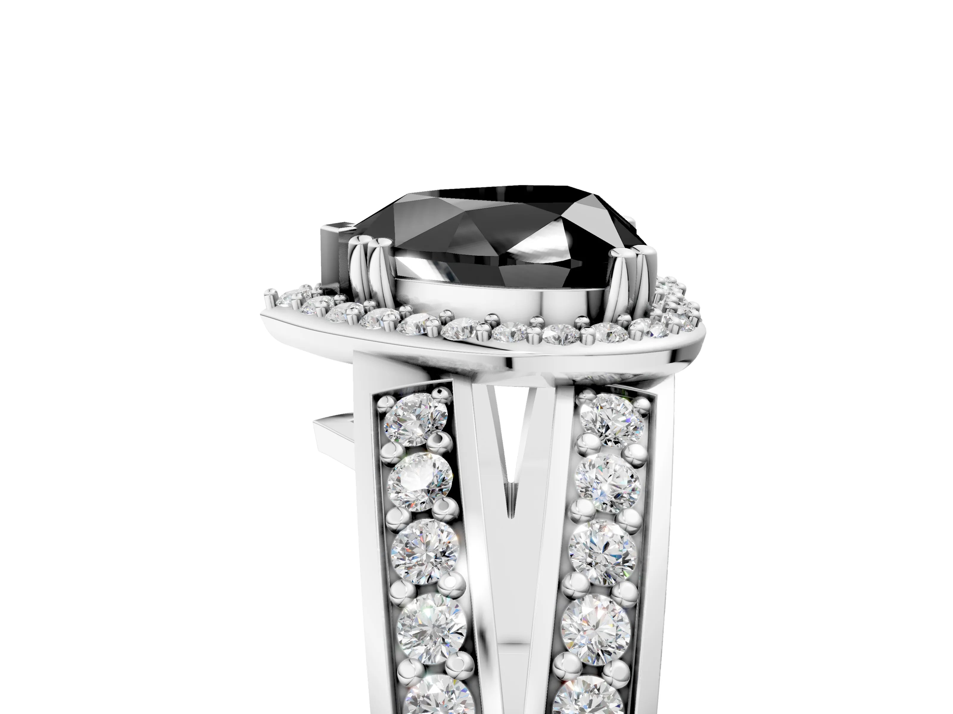 White gold Fancy Black Heart Cut Diamond Halo Ring with Split Shank Pavé Band and Four-Prong Setting_17