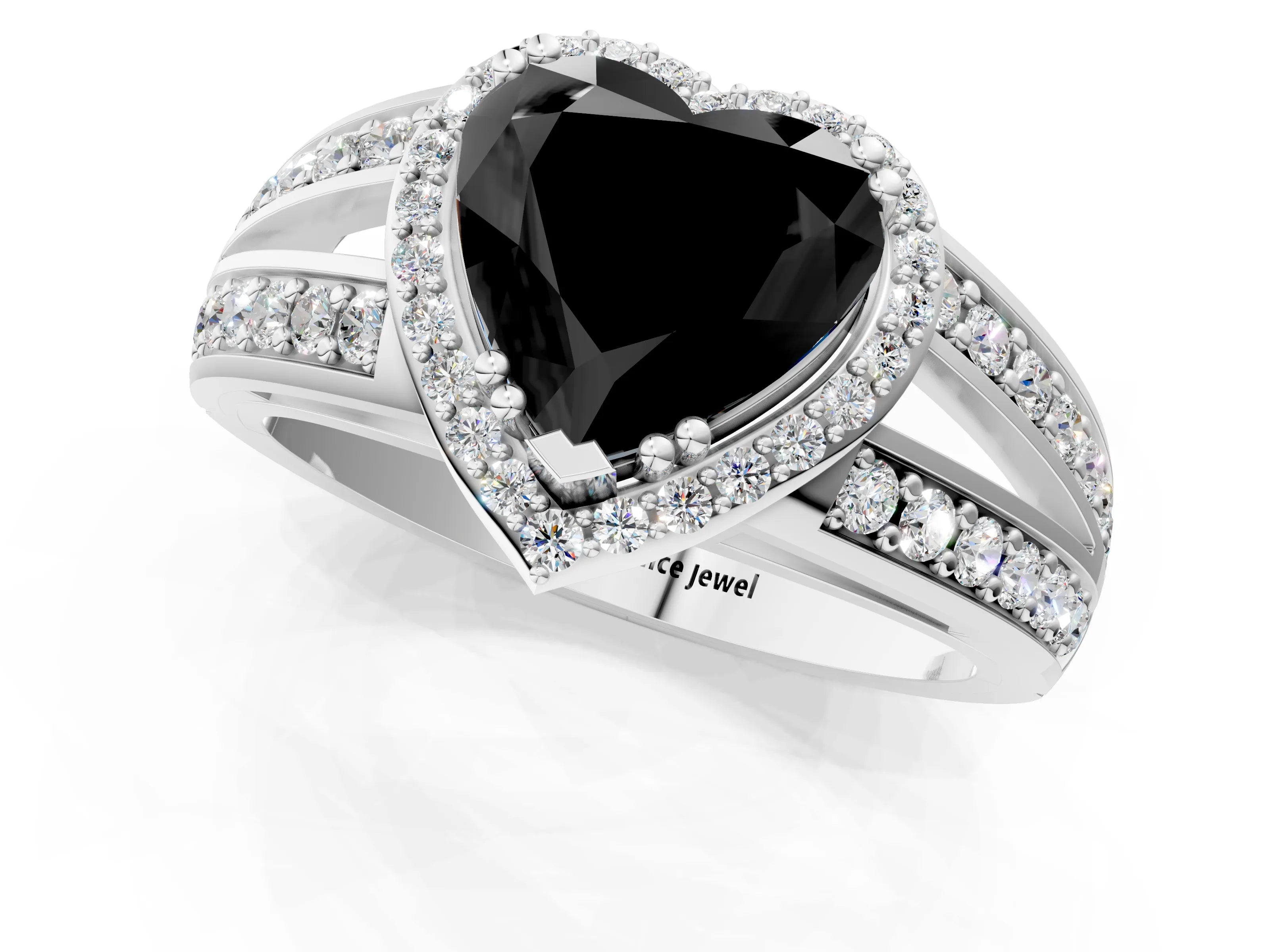White gold Fancy Black Heart Cut Diamond Halo Ring with Split Shank Pavé Band and Four-Prong Setting_1