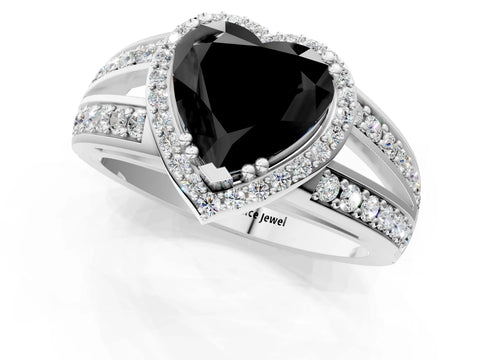 White gold Fancy Black Heart Cut Diamond Halo Ring with Split Shank Pavé Band and Four-Prong Setting_1