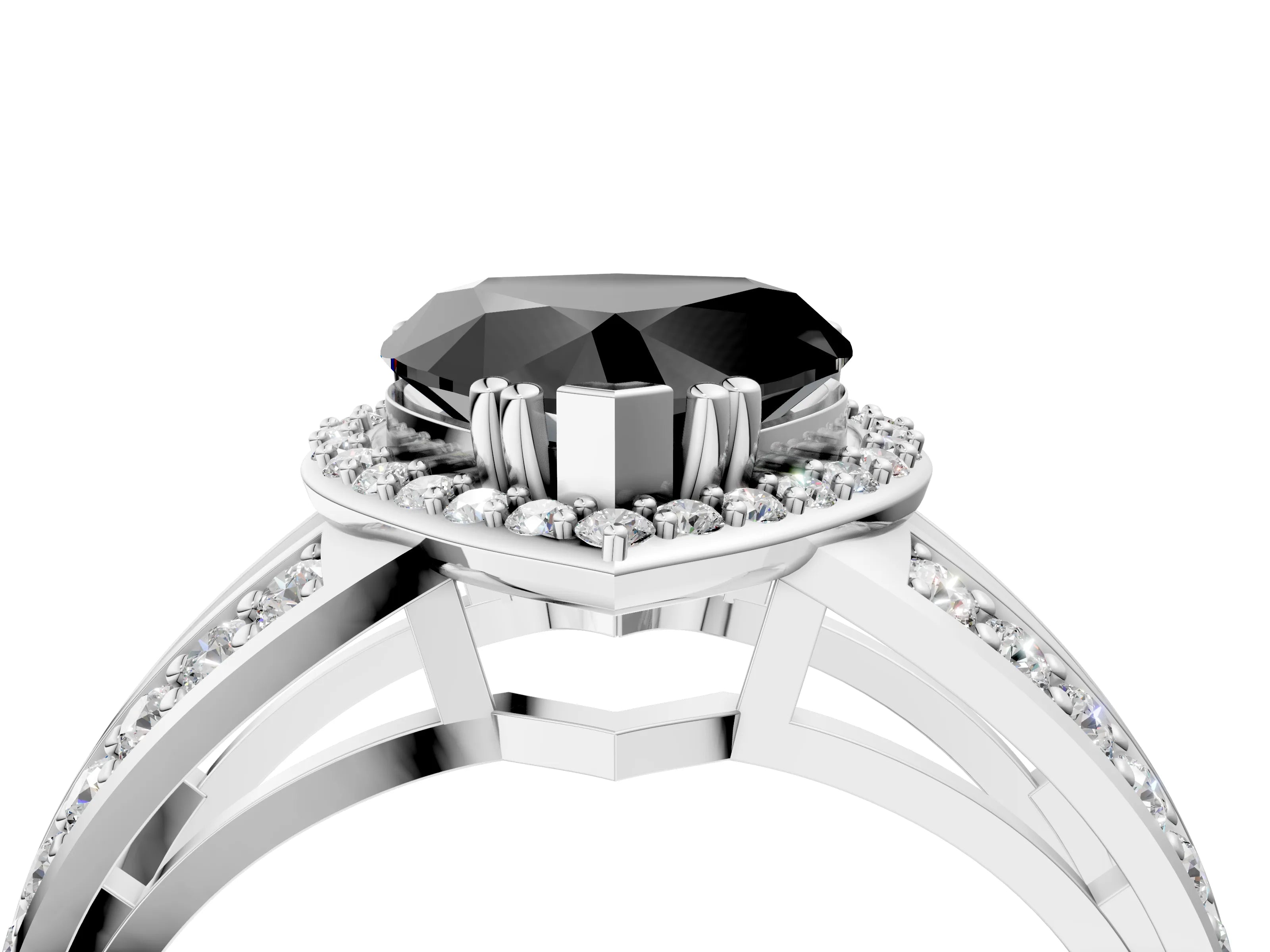 White gold Fancy Black Heart Cut Diamond Halo Ring with Split Shank Pavé Band and Four-Prong Setting_4