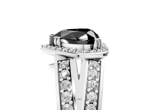 White gold Fancy Black Heart Cut Diamond Halo Ring with Split Shank Pavé Band and Four-Prong Setting_5