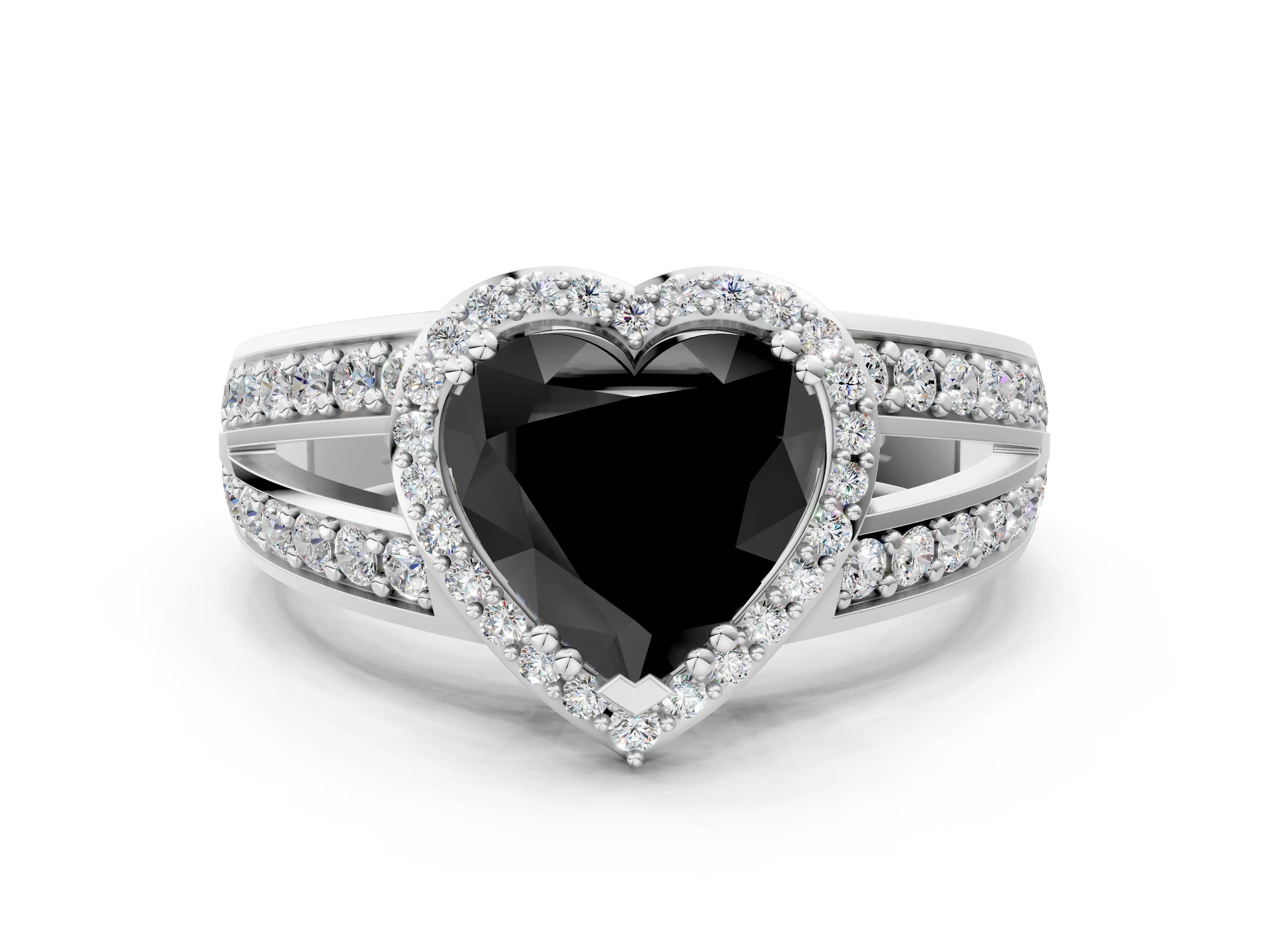 White gold Fancy Black Heart Cut Diamond Halo Ring with Split Shank Pavé Band and Four-Prong Setting