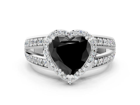 White gold Fancy Black Heart Cut Diamond Halo Ring with Split Shank Pavé Band and Four-Prong Setting