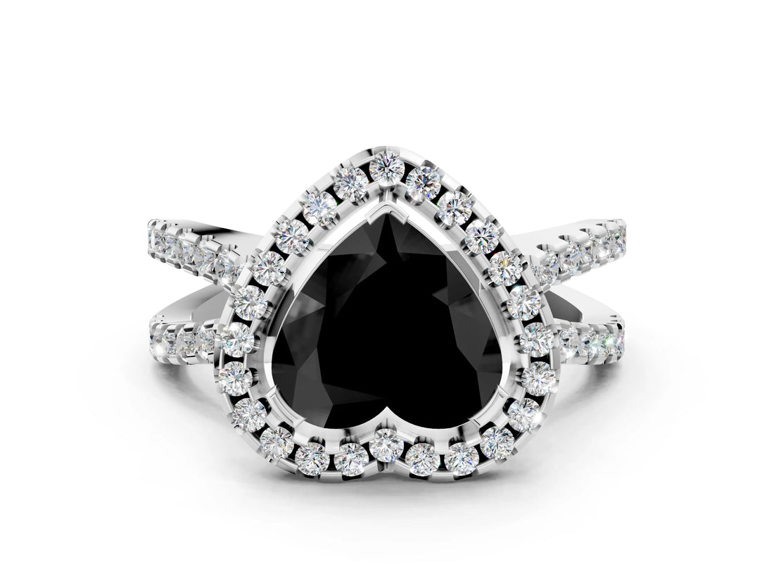 White gold Fancy Black Heart Cut Diamond Halo Ring with Split Shank Pavé Band and Prong Setting_12