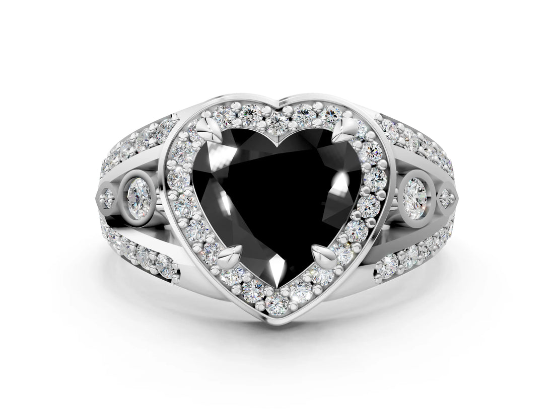 White gold Fancy Black Heart Cut Diamond Halo Ring with Split Shank and Bezel Accents and Four-Prong Setting