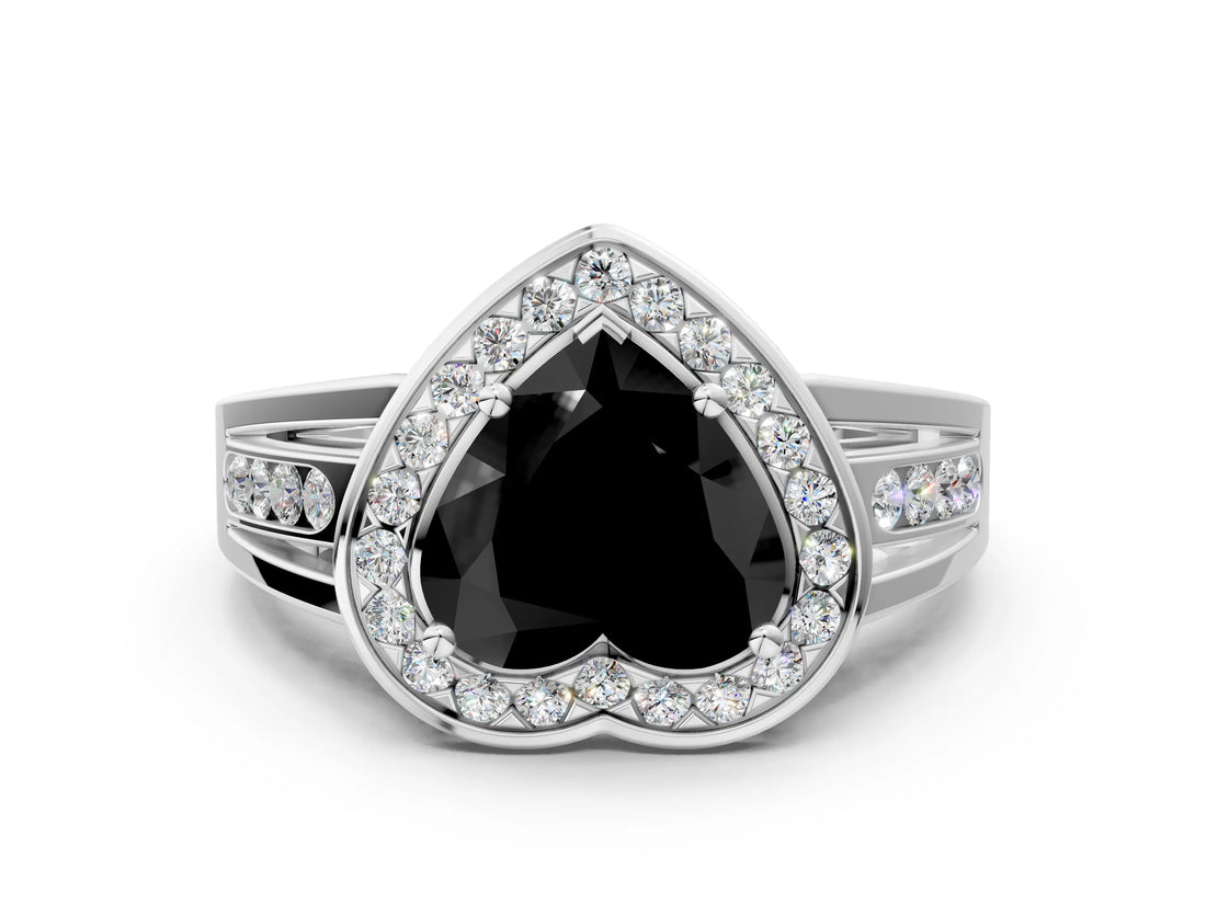 White gold Fancy Black Heart Cut Diamond Halo Ring with Split Shank and Bezel Accents and Prong Setting