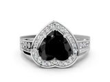 White gold Fancy Black Heart Cut Diamond Halo Ring with Split Shank and Bezel Accents and Prong Setting