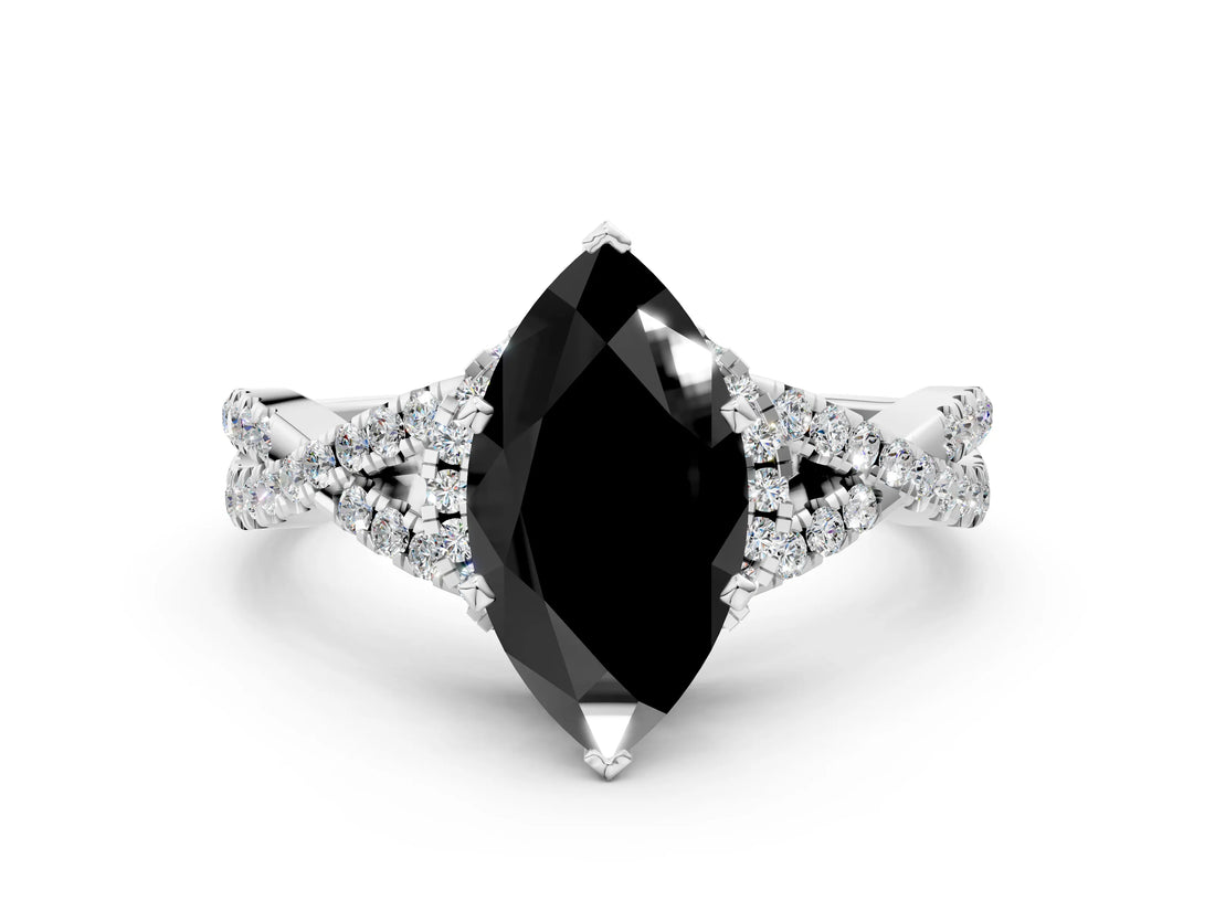 White gold Fancy Black Heart Cut Diamond  Halo Twist Band Solitaire Prong Setting Ring_12